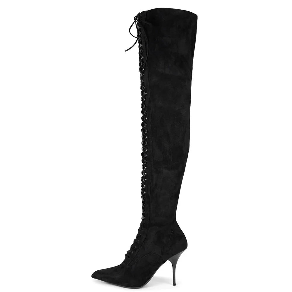 Black Faux Suede Pointed Toe Lace Up Elegant Thigh High Boots Nicepairs