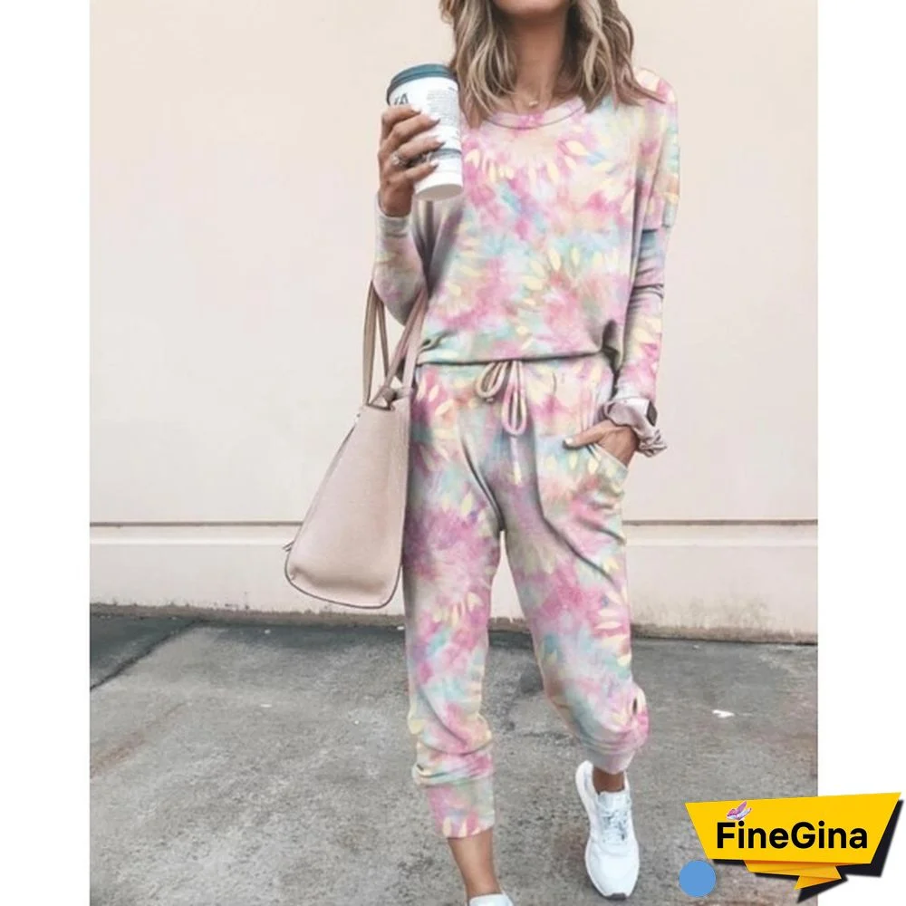 New Women's Fashion Tie Dye T-Shirt Pants Homewear Two-Piece Outfit Casual Long Sleeve Tracksuit Sportswear