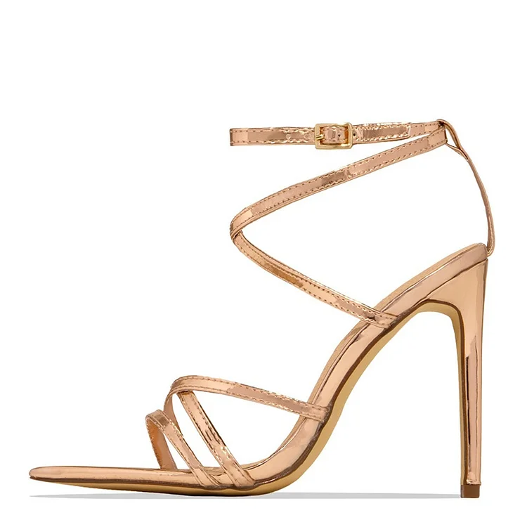 Gold Strappy Sandals Ankle Strap Stiletto Heel Sandals |FSJ Shoes