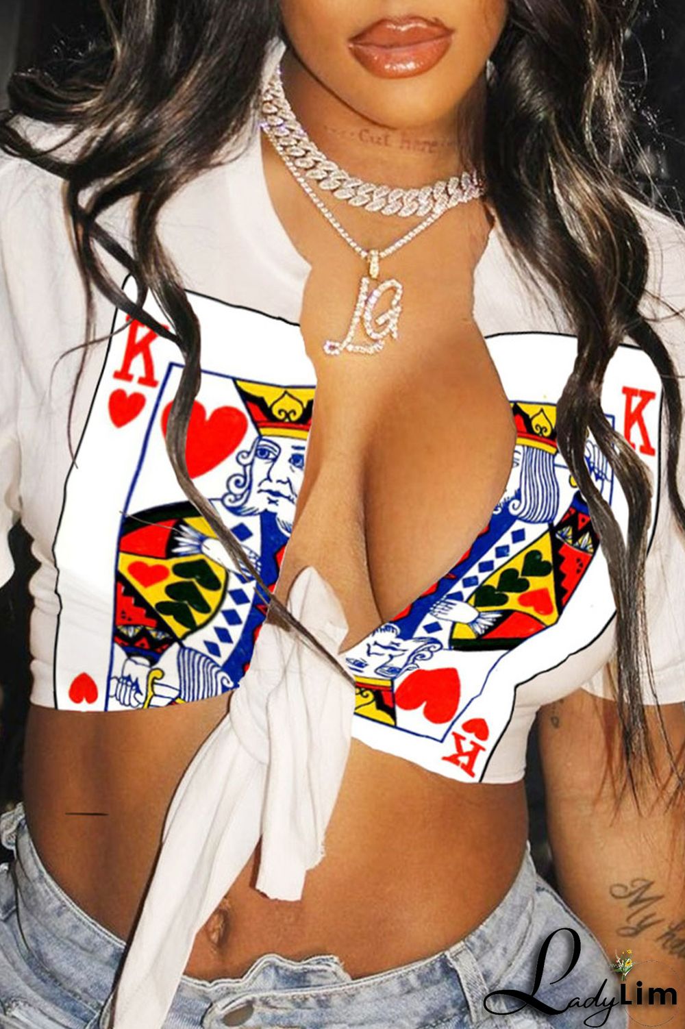 White Red Sexy Print Bandage Patchwork Slit T-Shirts