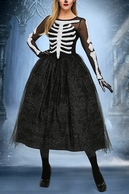 Xpluswear Plus Size Halloween Black Skeleton Print Cold Shoulder Split Maxi  Dress - Xpluswear.com