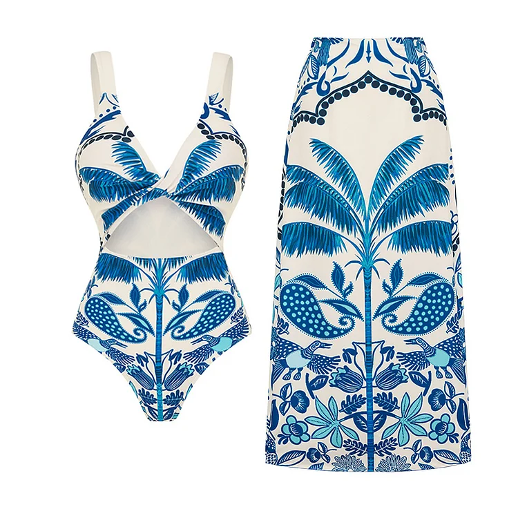 Sling Cut Out Coconut Tree Print One Piece Swimsuit and Skirt