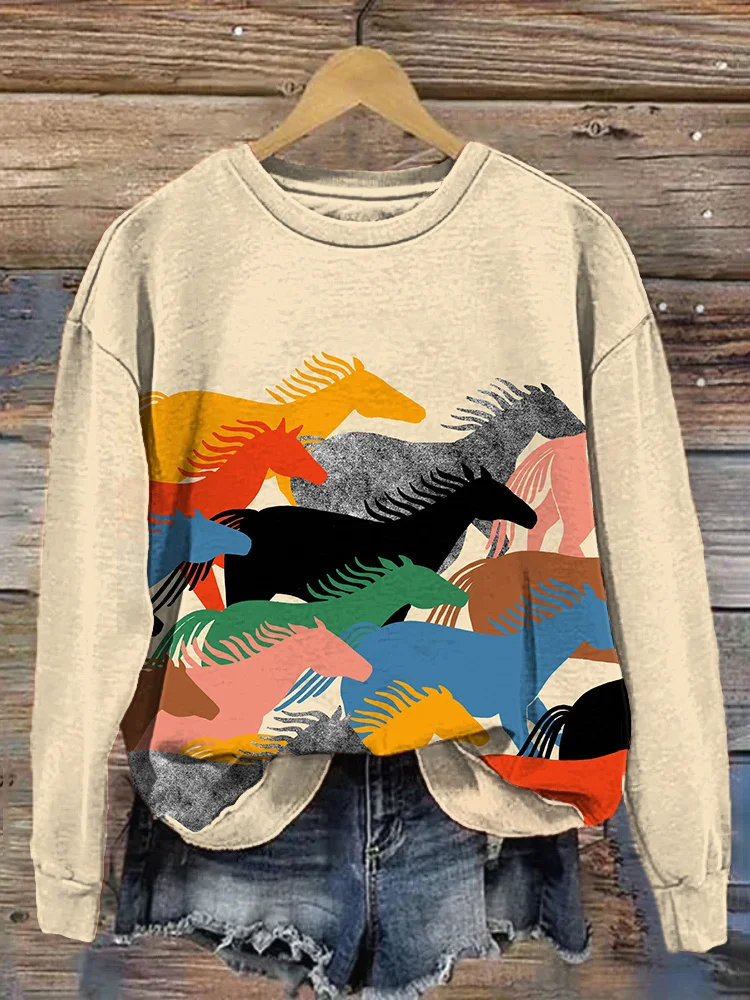 Colorful Horse Print Casual Cozy Sweatshirt