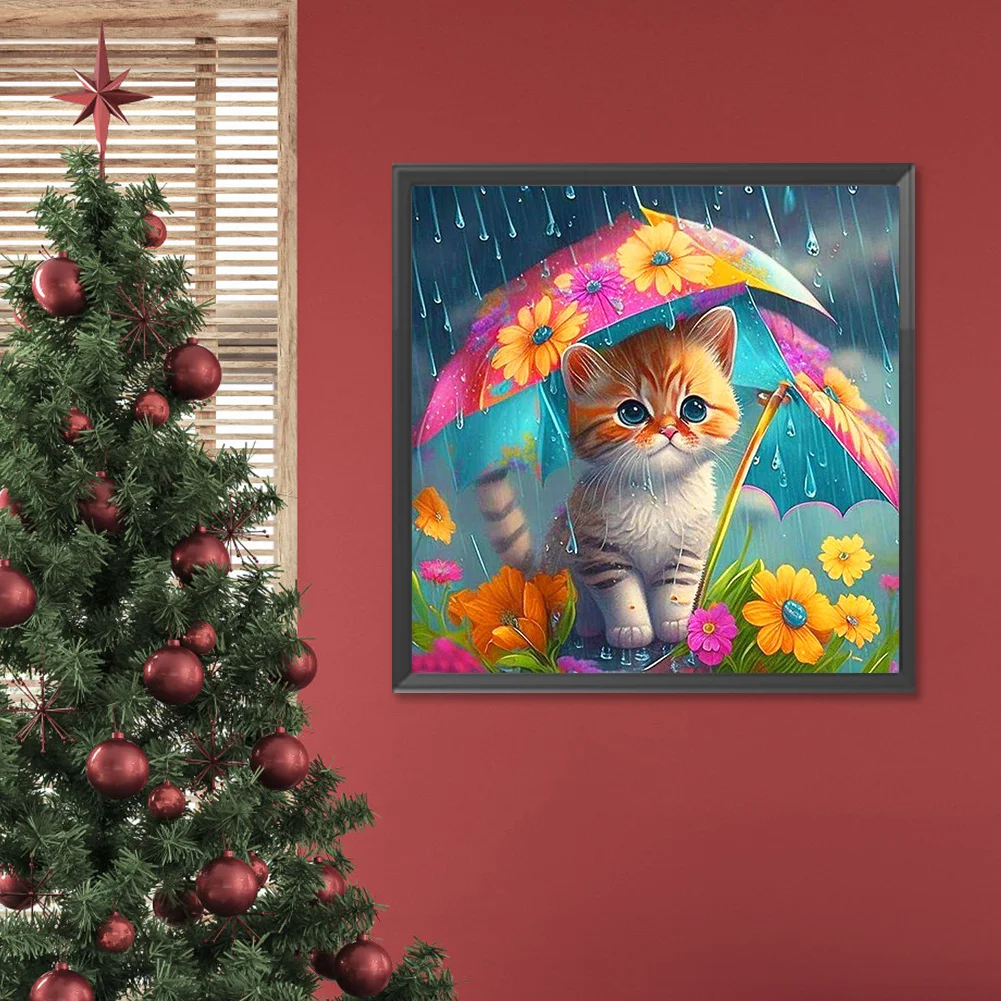 Diamond Painting - Full Round Drill - Umbrella Cat(Canvas|30*30cm)