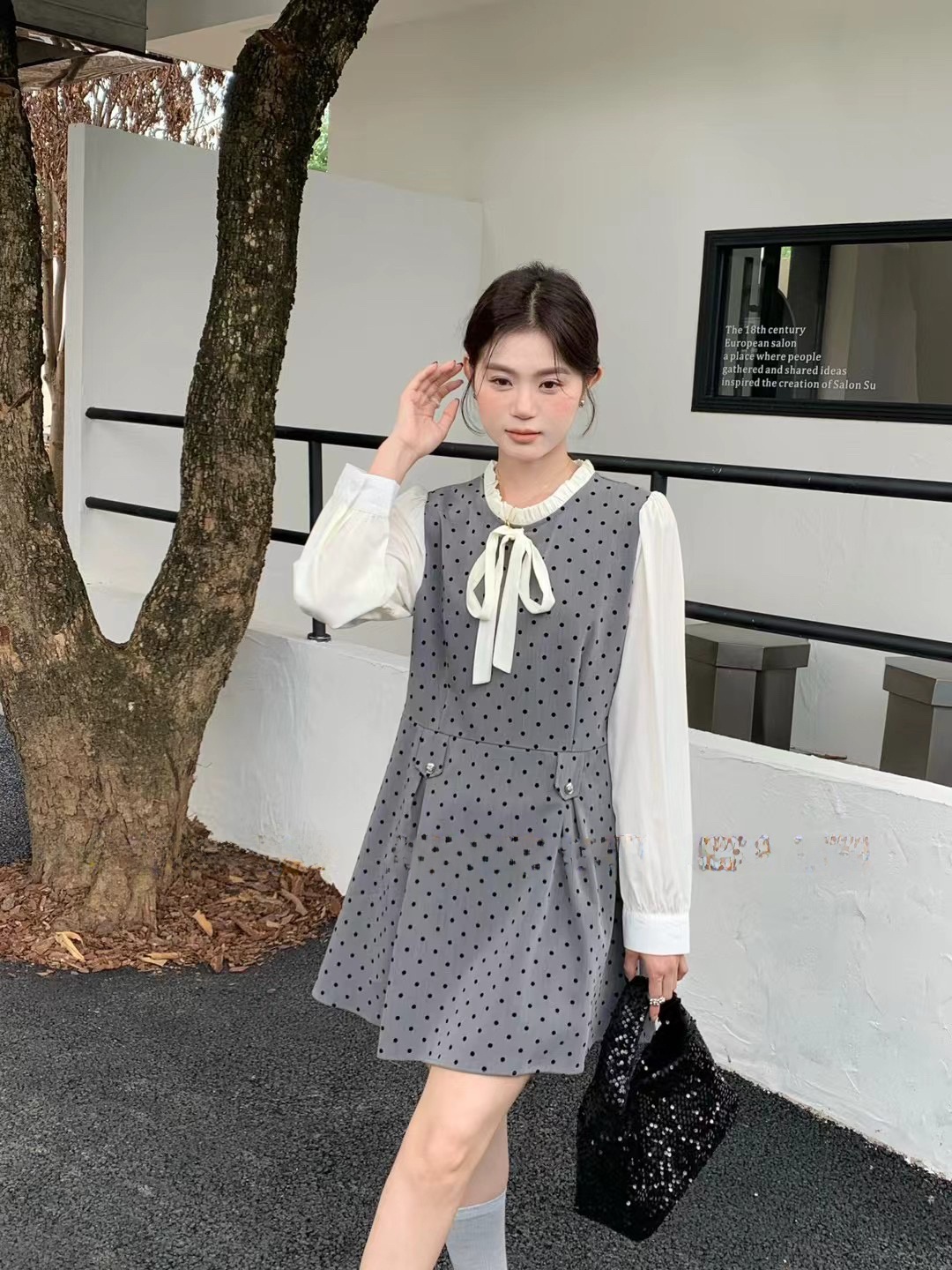 Early Autumn New Sle Aone Polka Dot Splice Chiffon Short Dress French Sle Loose Waist Sleeveless round Neck Back Zipper