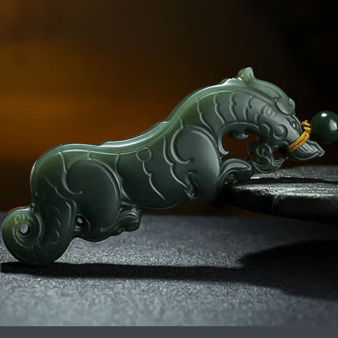 High Standard Captivating Hetian Jade Pendant Necklace - Majestic Tiger in Green Jade