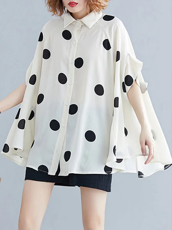Polka-Dot Buttoned Loose Half Sleeves Lapel Blouses&Shirts Tops