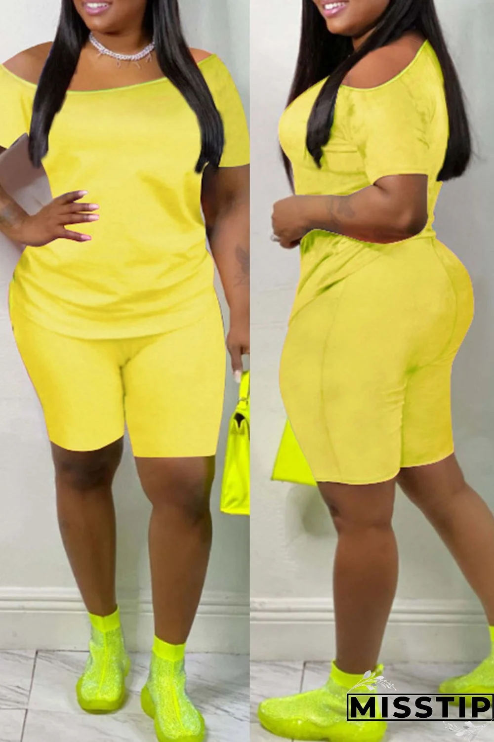 Yellow Fashion Casual Solid Basic Plus Size Two Pieces