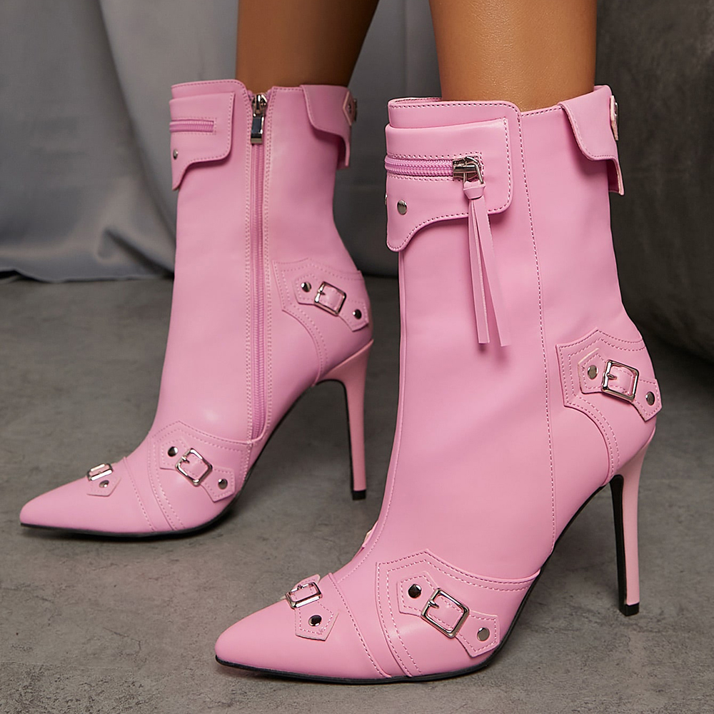 Pink Vegan Leahter Closed Toe Stiletto Heel Ankle Boots Nicepairs