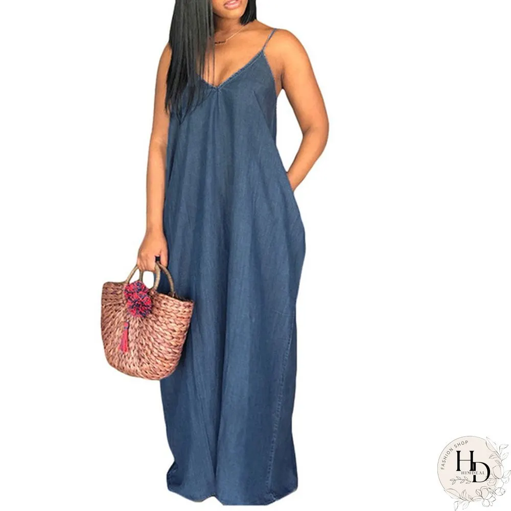 S-5XL Women Sexy Sleeveless Spaghetti Straps Denim Color Maxi Dress Summer Holiday Beach Sundress