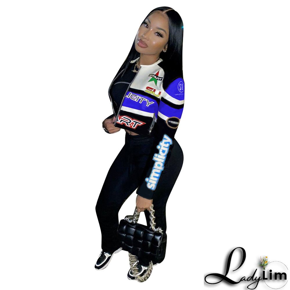 Women Round Neck Letter Print Long Sleeve Jacket