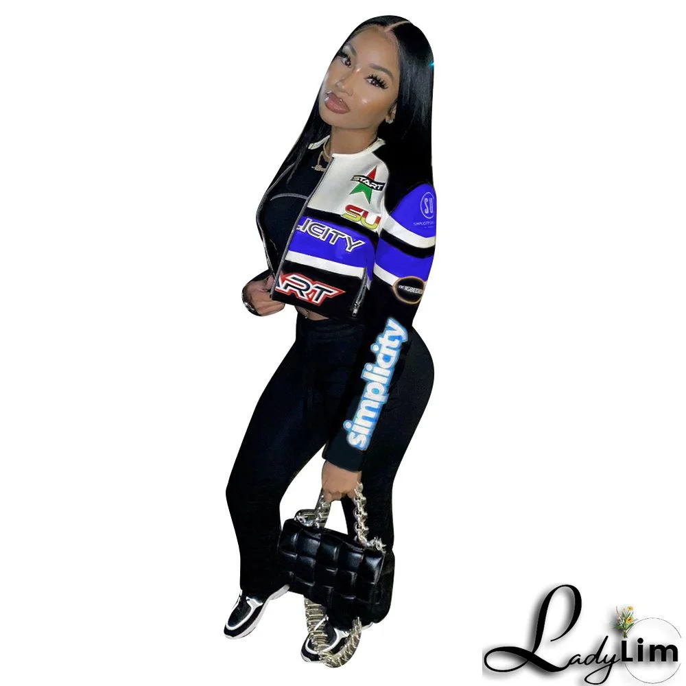 Women Round Neck Letter Print Long Sleeve Jacket