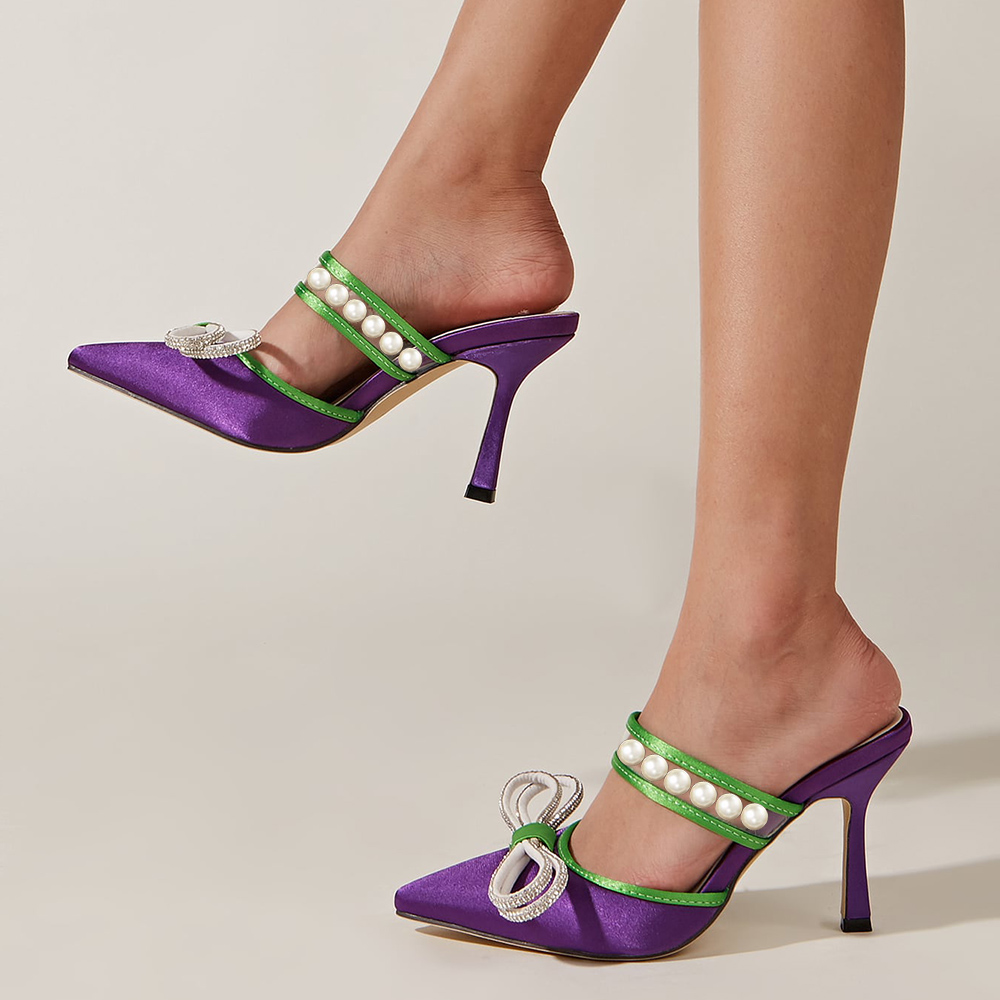 Purple & Green Satin Closed Toe 3'' Flared Heel Pearl Mules with Bow Nicepairs