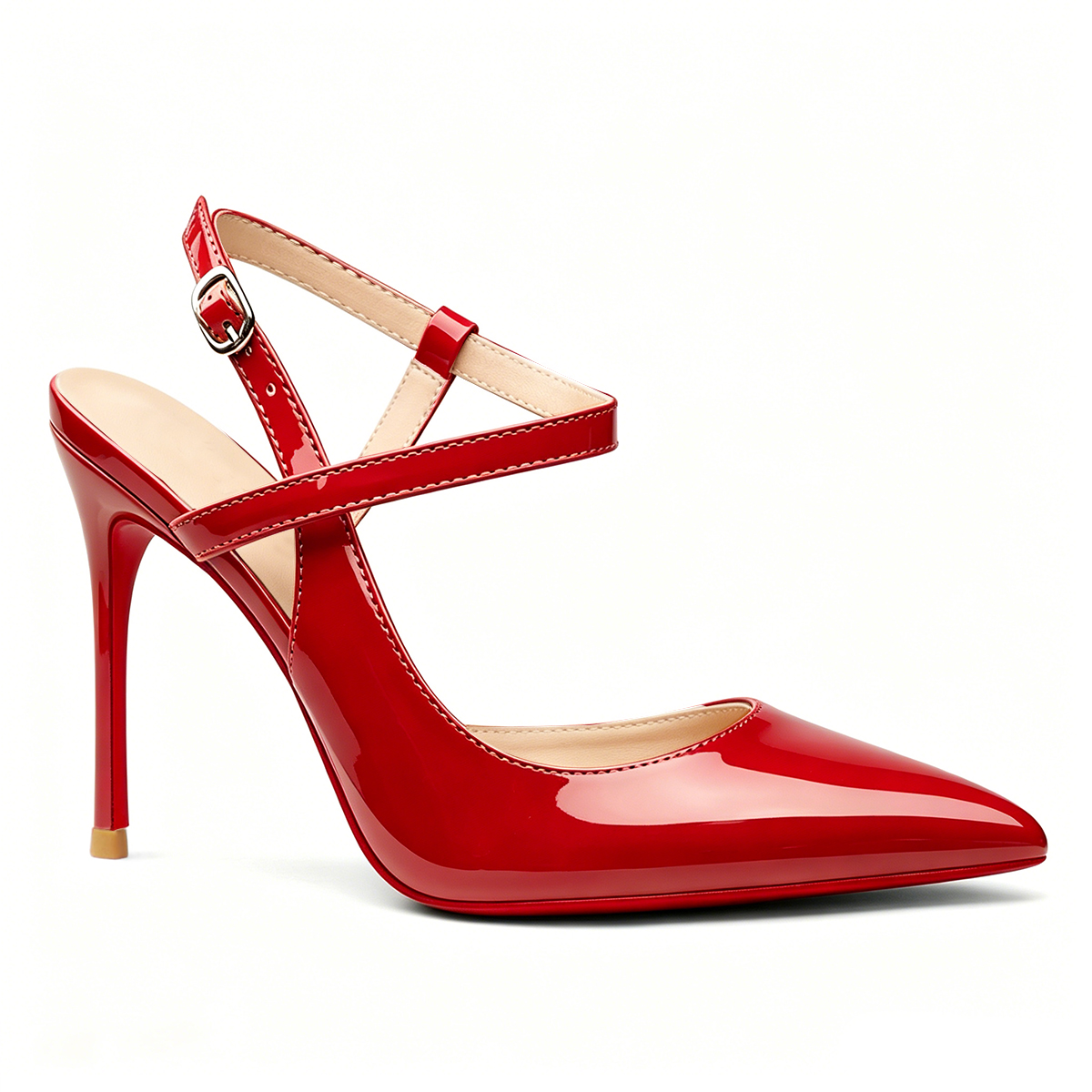 100mm Women Slingback Patent Pumps Ankle Strap Jenlove Stiletto Mid Heel Close Pointed Toe Dress Red Bottoms Shoes