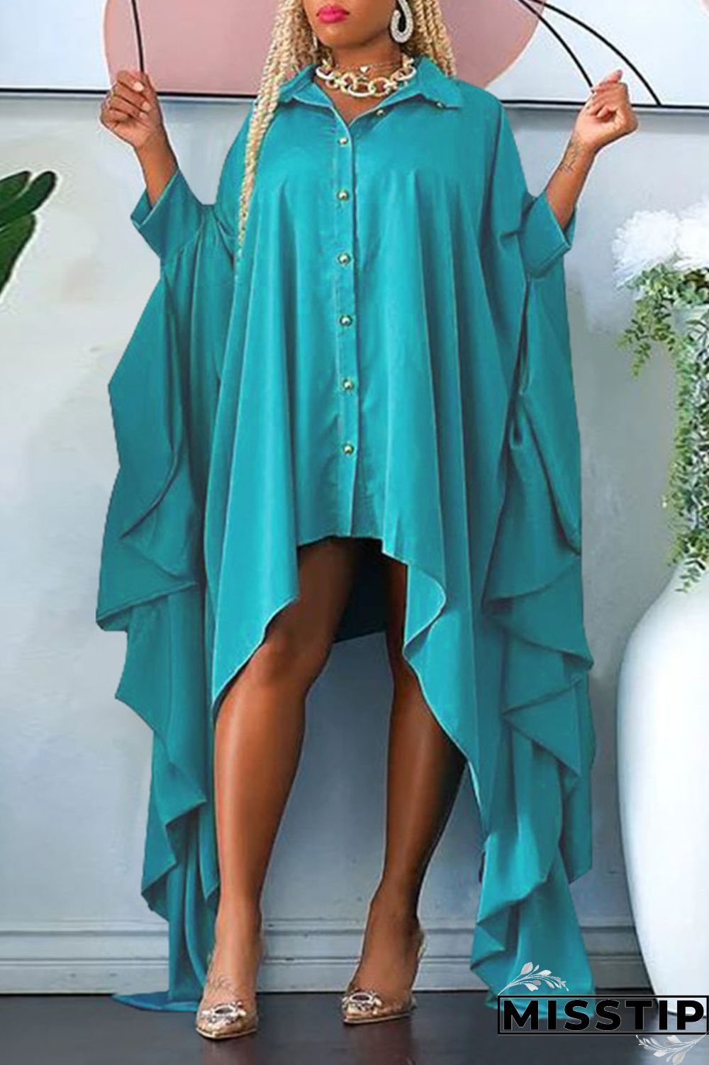 Green Casual Solid Patchwork Buckle Asymmetrical Turndown Collar Irregular Dress Plus Size Dresses