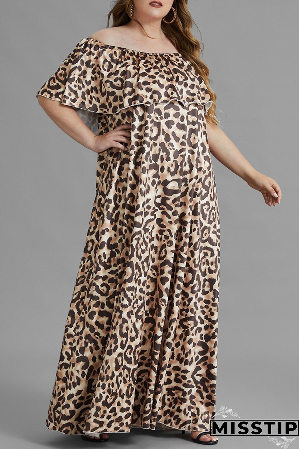 Leopard Print Fashion Plus Size Leopard Printing Off the Shoulder Short Sleeve Dress Plus Size