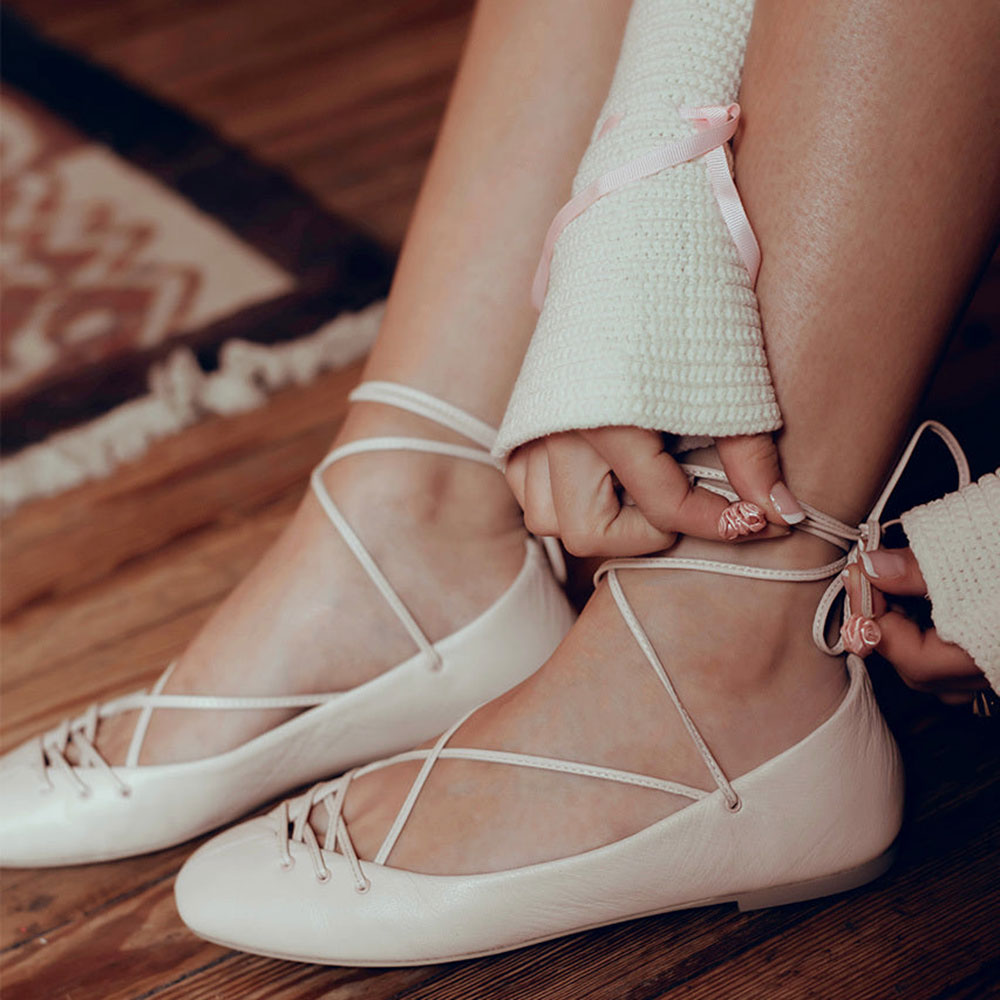 Beige Vegan Leather Round Toe Flat Lace-Up Comfy Ballet Shoes Nicepairs