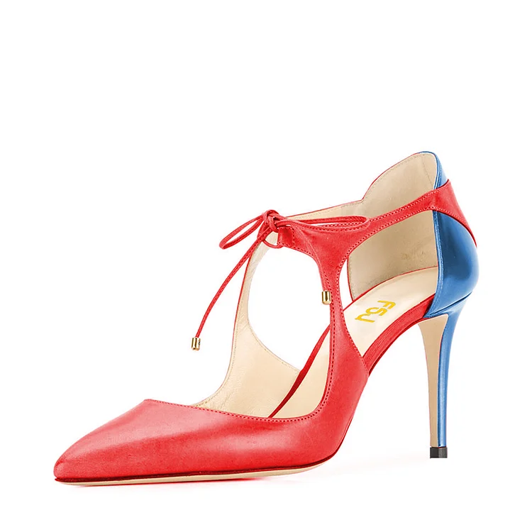 Red and Blue Lace-up Heels Pointy Toe 3 Inch Stiletto Heels |FSJ Shoes