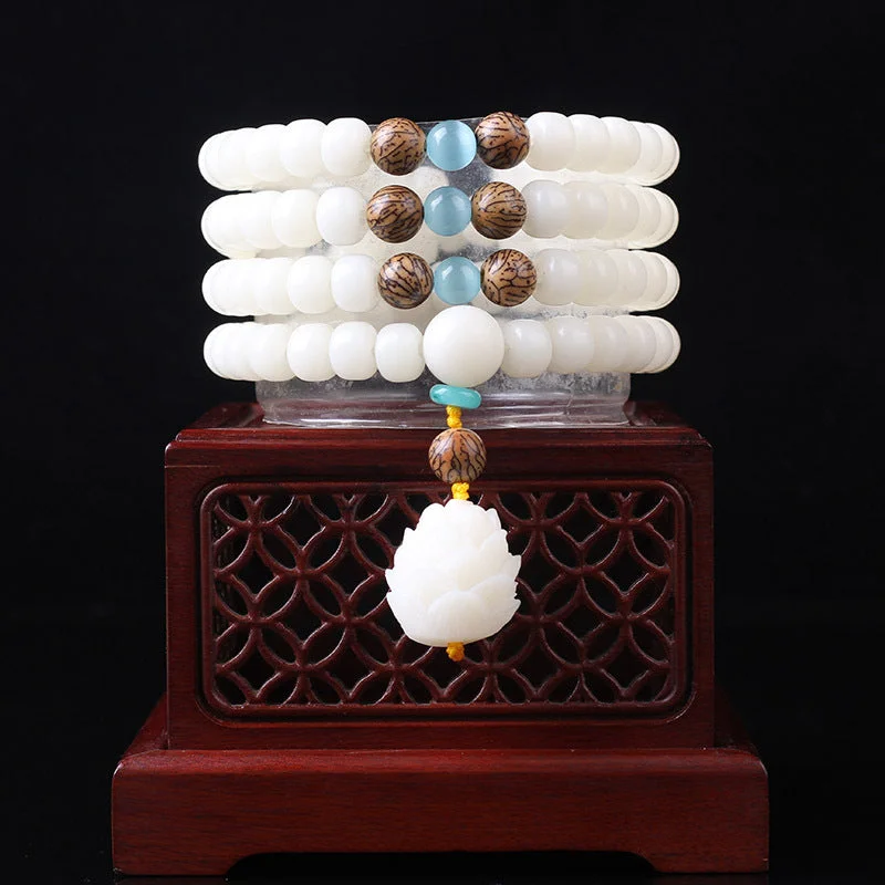 White Bodhi Seed Mala 108 Beads Luck Bracelet Necklace