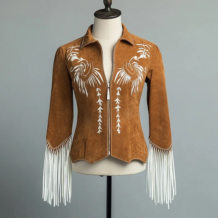 Ursime Western Suede Embroidery Long Sleeve Fringe Zipper Jacket
