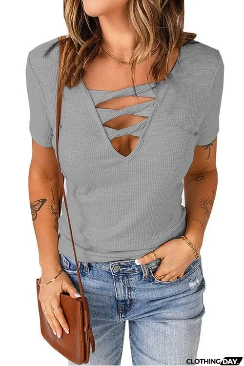 Strappy Hollow Neck Knit T Shirt