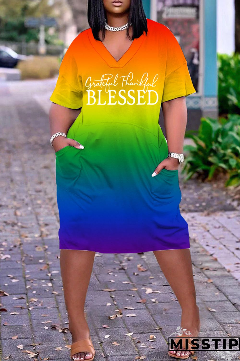 Blue Pink Casual Print Basic V Neck Short Sleeve Dress