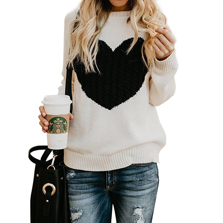 Mature Women Love Printed Pullover Sweater Solid Color Spring And Autumn Clothes Valentines Day