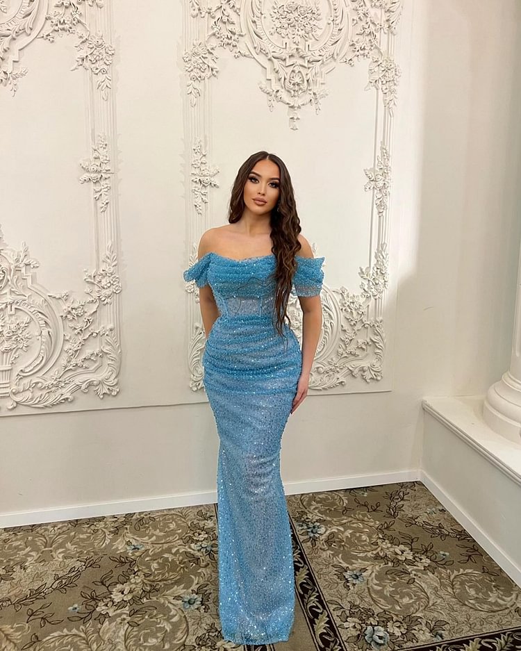 Hellodresses Blue Off the Shoulder Strapless Mermaid Sequins Evening Dress