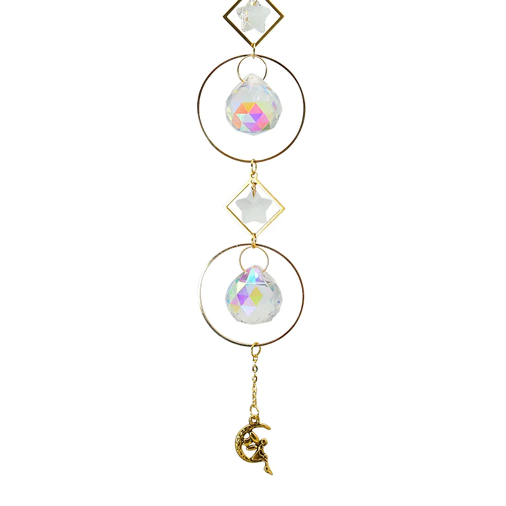 Crystal Wind Chime Star Moon Pendant Colorful Beads Hanging Drop Decor (A)