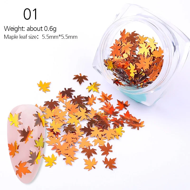 1 Box Gradient Sparkling Fall Glitter Sequins Autumn Theme Gold Colorful Nail Maple Leaf Shaped Decorations Powders DIY