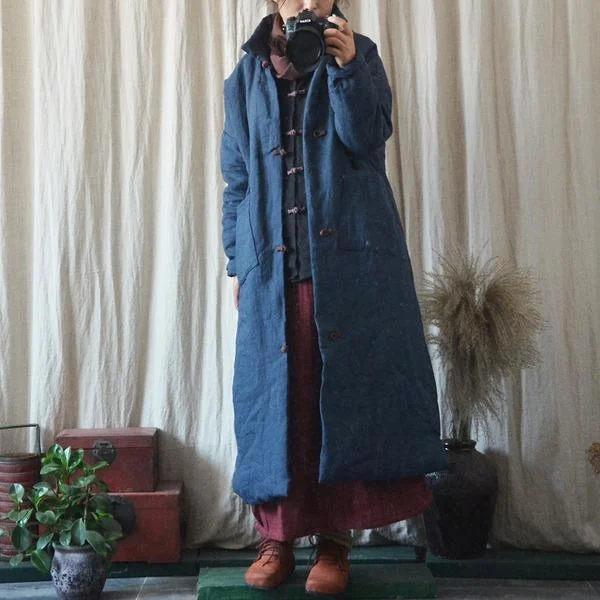 Women Winter Vintage Parkas Coats Cotton Linen Solid Color Button