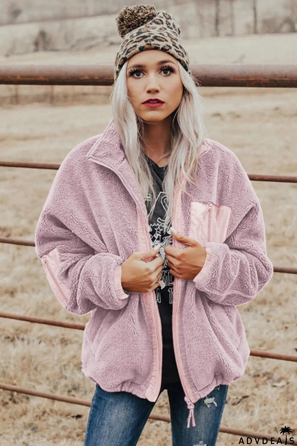 Zip Up Sherpa Coat With Pocket