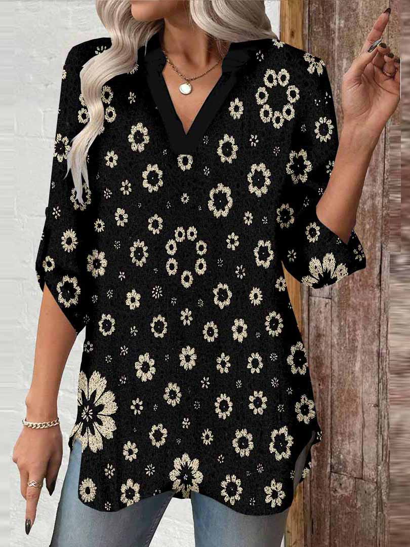 Women Floral, Black DZGA0131 3/4 Sleeve V-neck Printed Graphic Button Tops