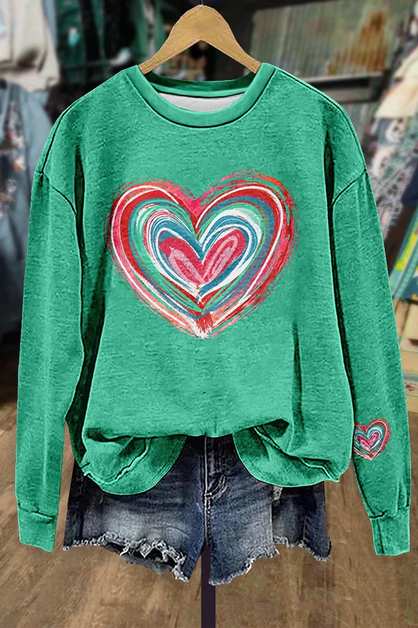 Colorful Art Heart Print Long Sleeve Sweatshirt