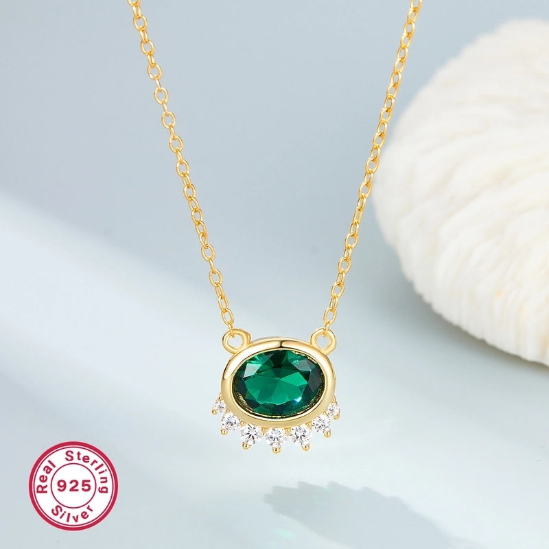 925 Sterling Silver Long-Lasting Plated Zircon Plating Inlay Geometric Oval Pendant Necklace