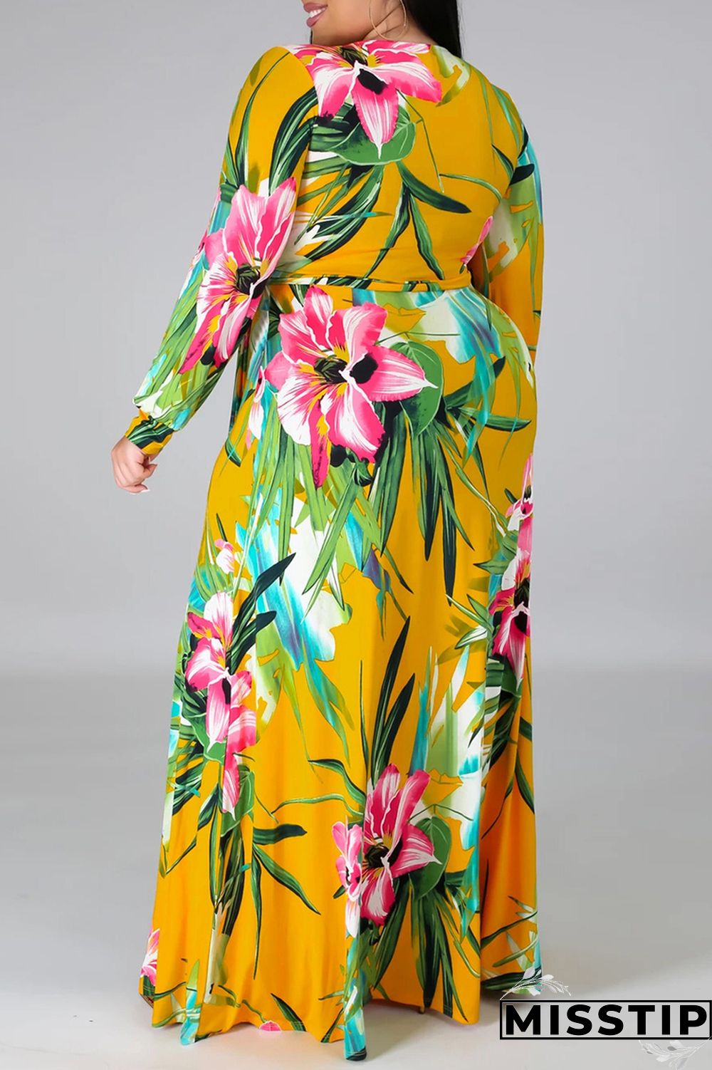 Black Fashion Casual Print Bandage Slit V Neck Long Sleeve Plus Size Dresses