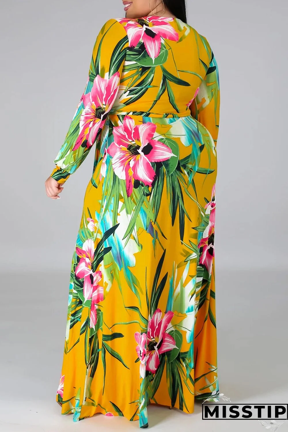 Black Fashion Casual Print Bandage Slit V Neck Long Sleeve Plus Size Dresses