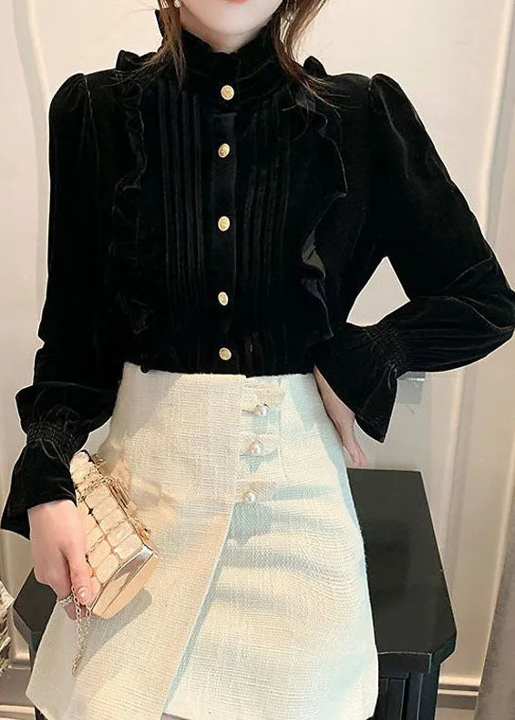 Plus Size Black Stand Collar Ruffled Wrinkled Solid Silk Velour Shirts Long Sleeve