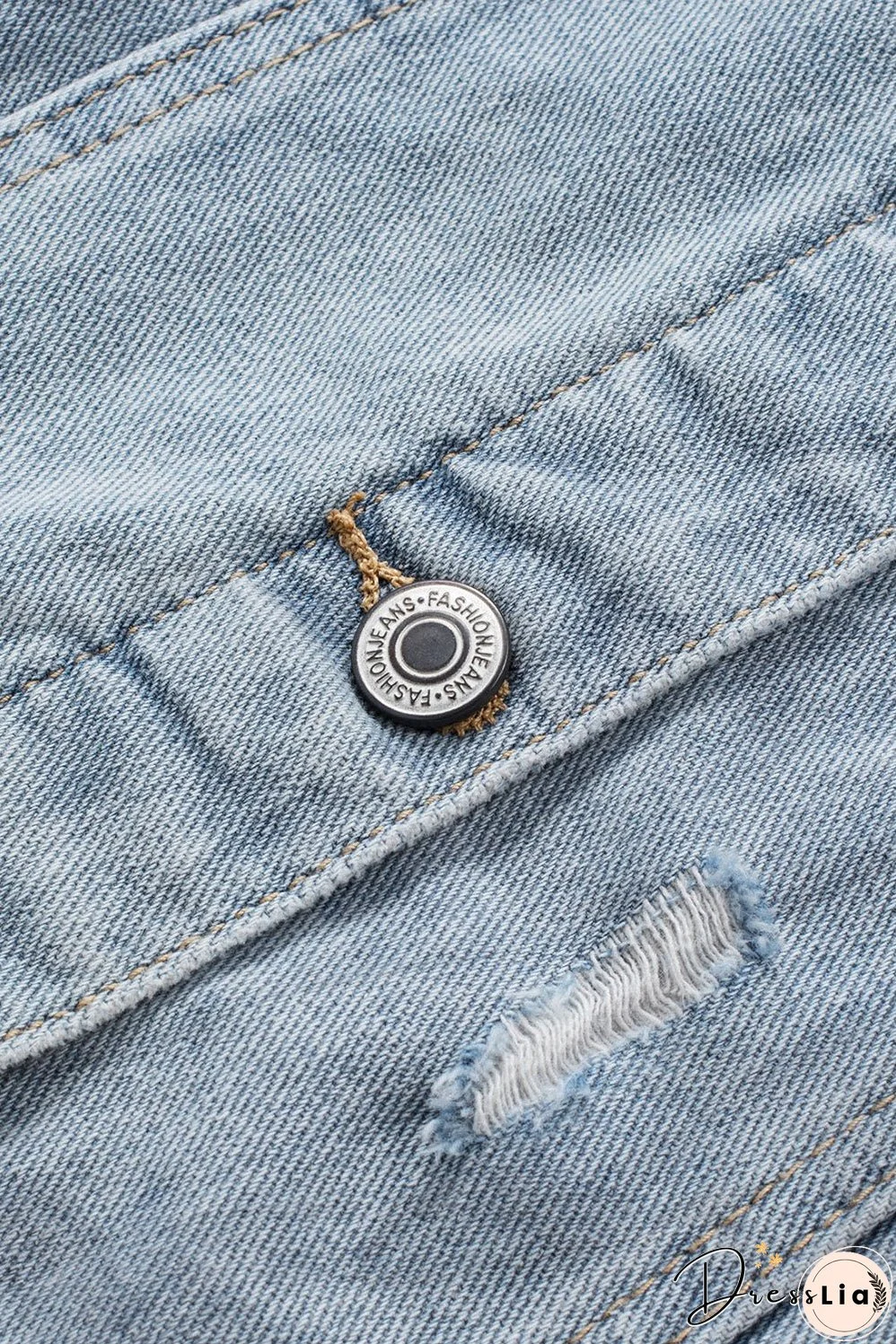 Button Closure Ripped Hooded Denim Jacket