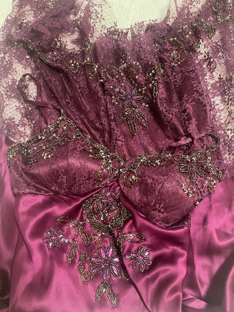 Burgundy Satin Lace Paneled Spaetti Straps Hi-Low Midi Dress with Beading and Sequins