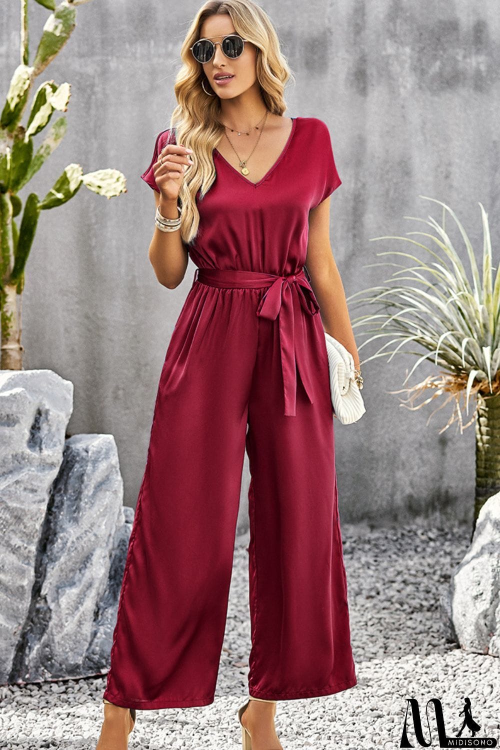 MidiSono - Tie Belt V-Neck Short Sleeve Jumpsuit