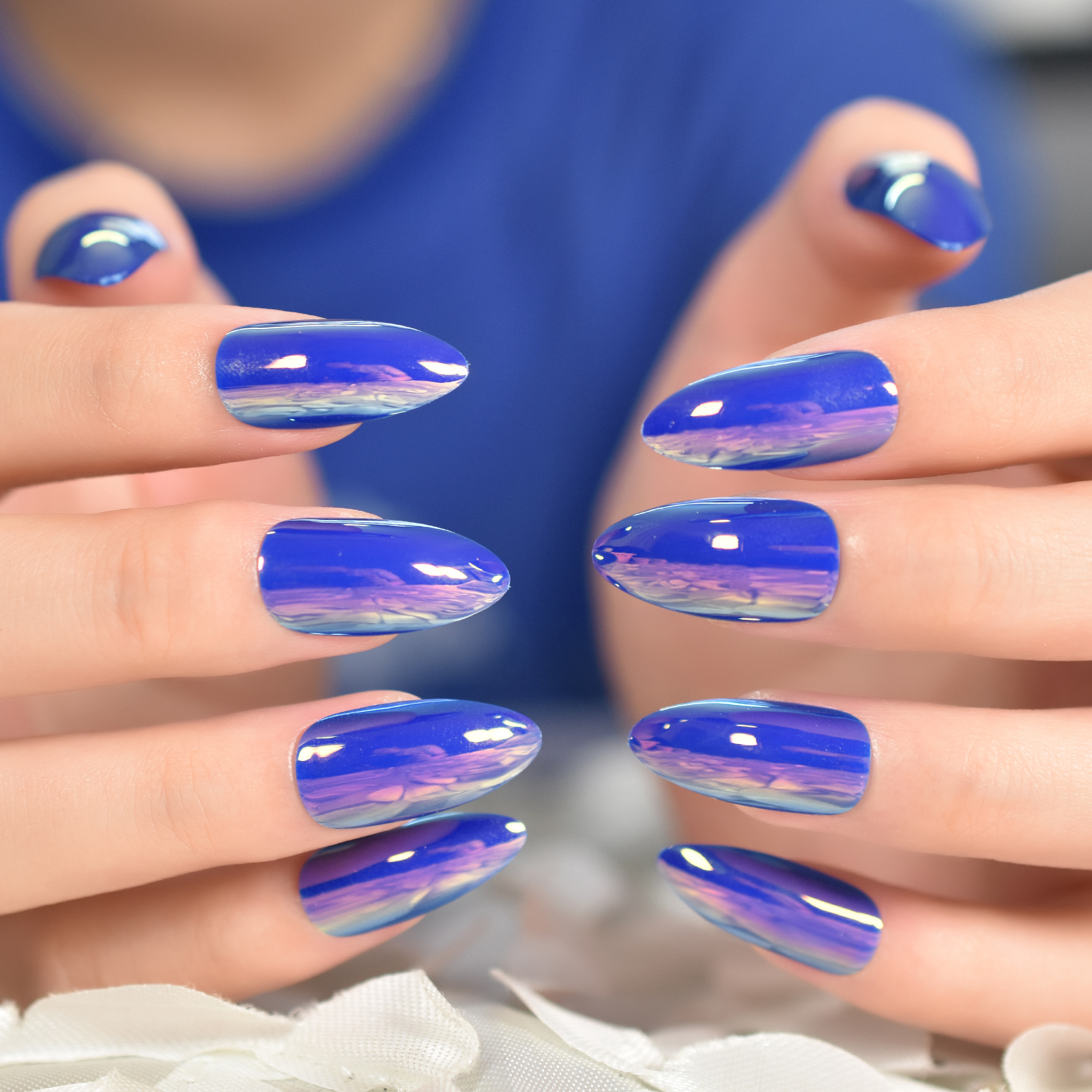 Bonusbad Fun Summer Nails – 24pcs Glitter Blue Short Oval False Nails  
