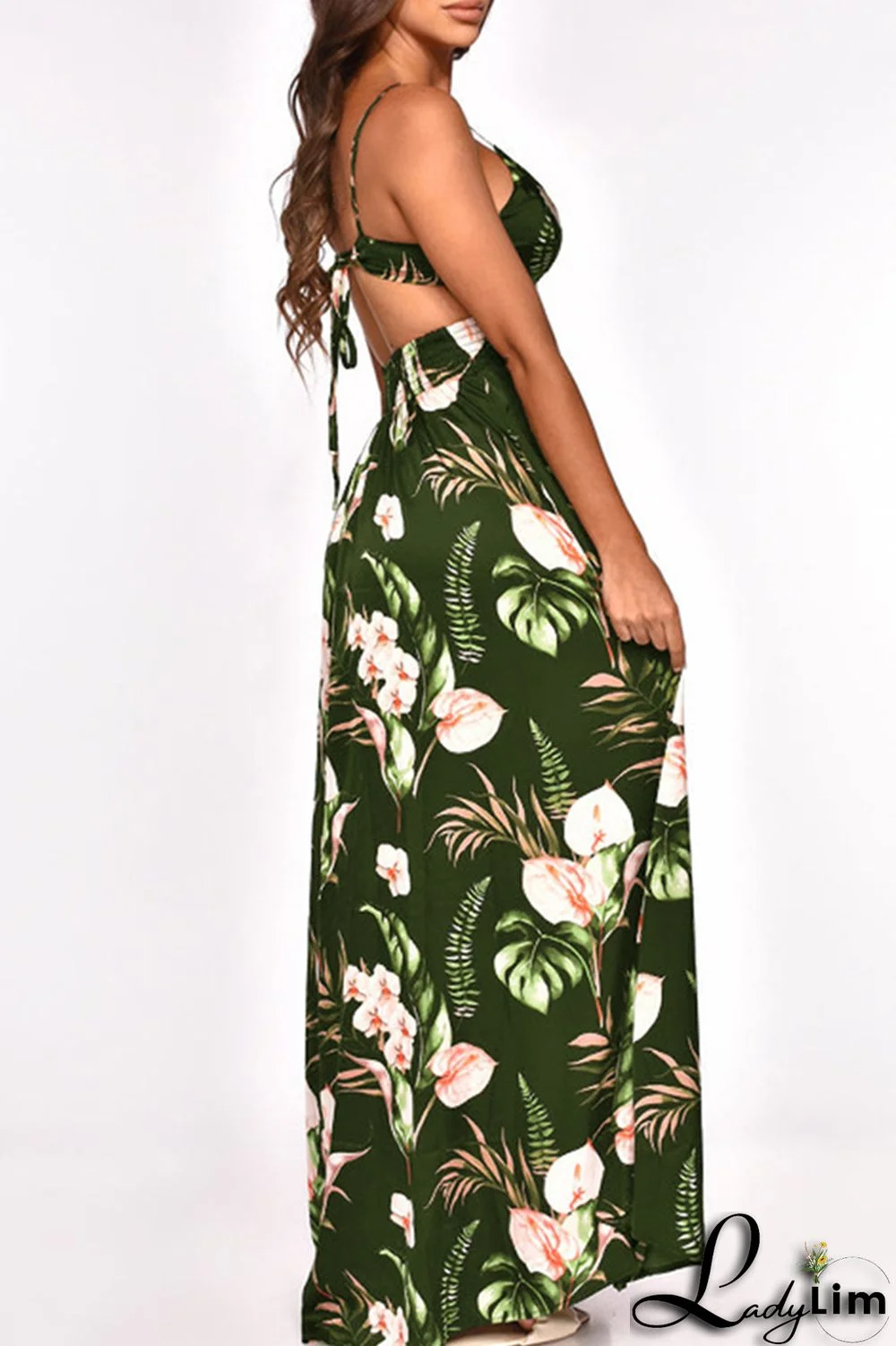 Burgundy Fashion Sexy Print Bandage Backless Slit Spaghetti Strap Long Dress Dresses