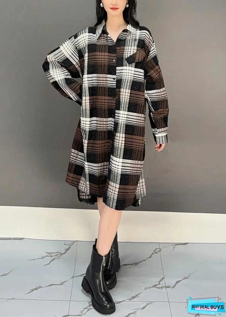 Stylish Coffee Plaid Button Cotton Shirts Dresses Fall