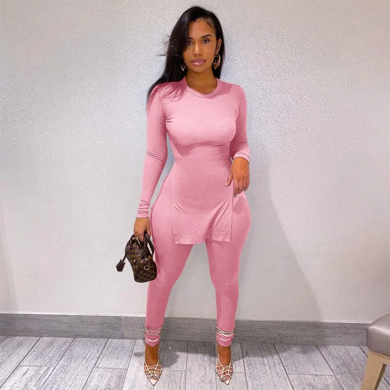 Hugcitar 2021 Long Sleeve O-Neck Skinny Stretchy Solid Print Jumpsuit Summer Women Fashion Streetwear Romper