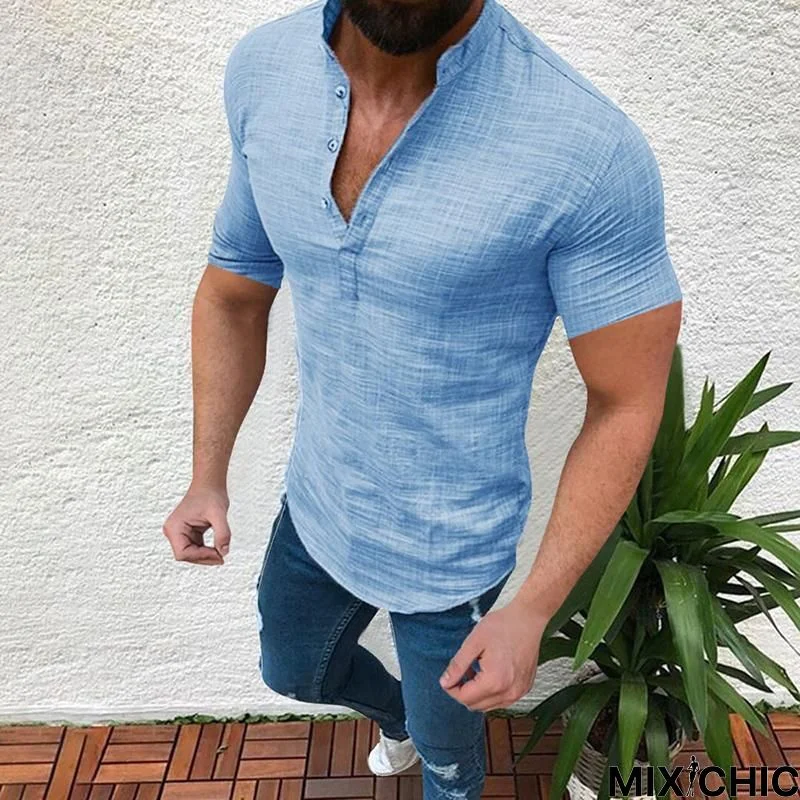 Solid Color Half-Open Stand Collar Short-Sleeved Shirts Linen