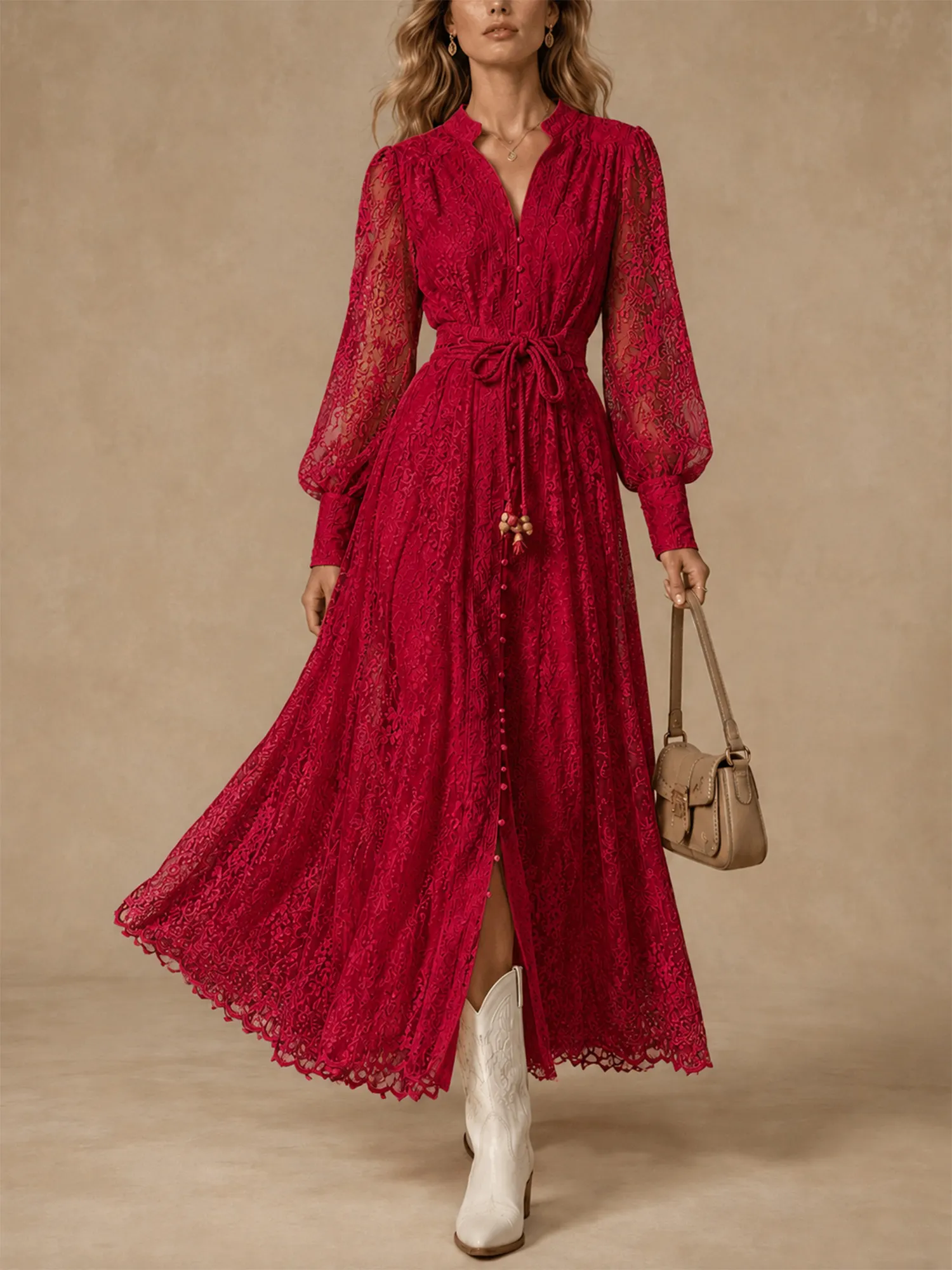 Perfect for a country wedding &mdash; Women's heavy embroidered V-neck single-breasted cotton lace maxi dress