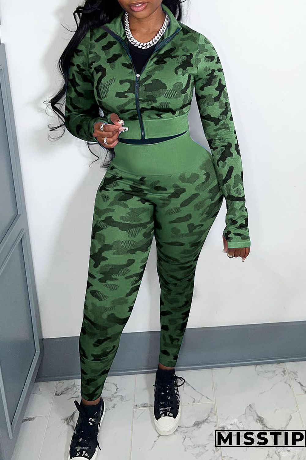 Blue Casual Camouflage Print Patchwork Zipper Long Sleeve Two Pieces