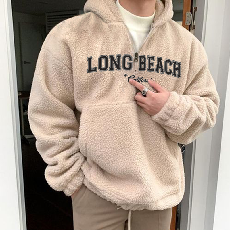 Lamb Fleece "LONG BEACH" Embroidered Men's Casual Sweatshirt、、URBENIE
