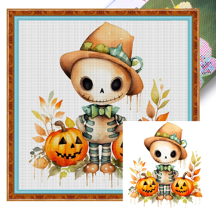 【Huacan Brand】Halloween Pumpkins And Skeletons 18CT Stamped Cross Stitch 25*25CM